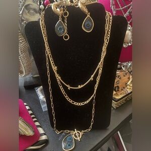Gold-Tone Layered Necklace with Blue Teardrop Pendant